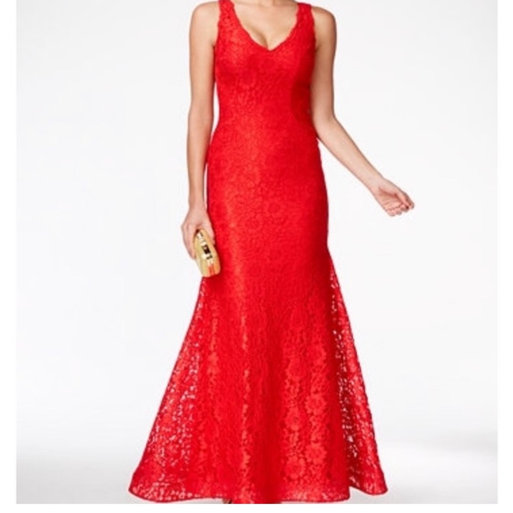 Red Xscape lace evening dress